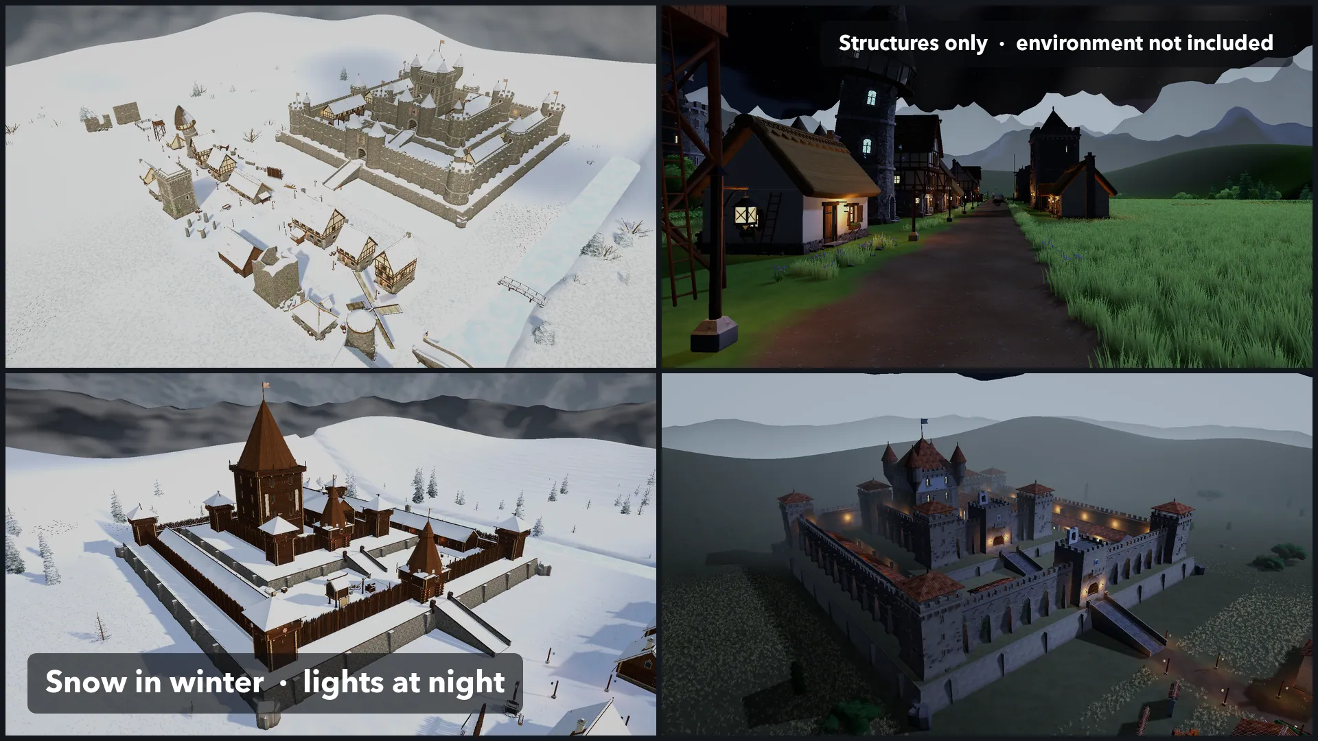 A village at night in winter with glowing windows